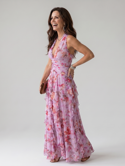 Nori | Vestido Maxi Floral con Cuerpo Arrugado y Escote Halter