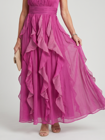 Orea | Vestido Maxi con Cuello Alto y Volantes en Capas