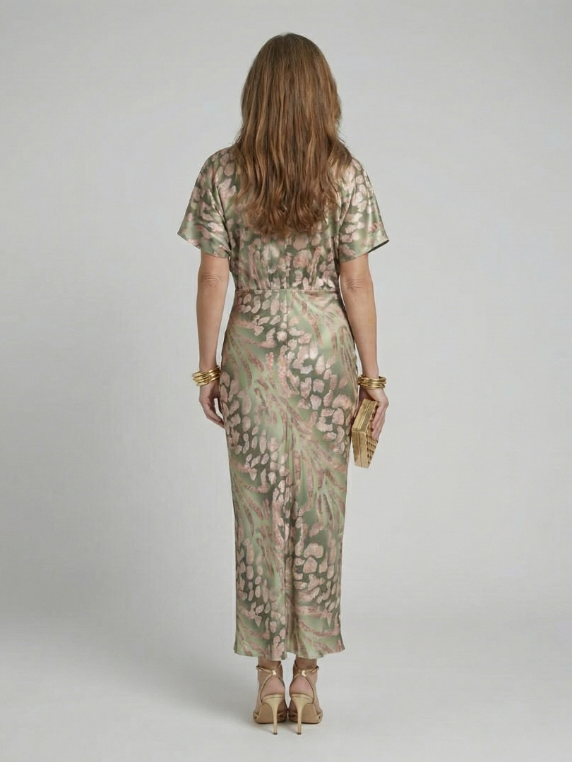 Stella & Grace™ | Vestido Midi de Cuello en V con Torcido en la Cintura y Estampado Abstracto