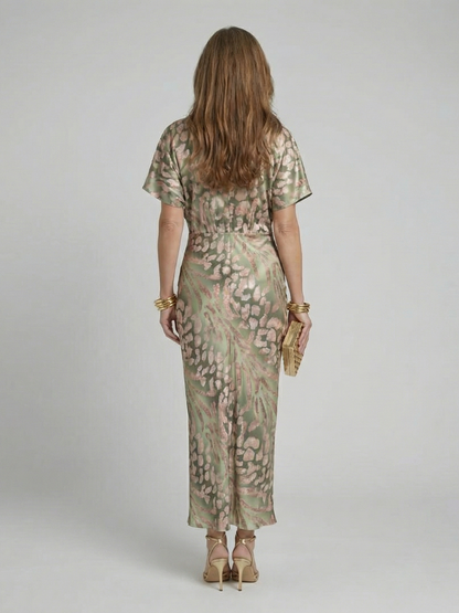 Stella & Grace™ | Vestido Midi de Cuello en V con Torcido en la Cintura y Estampado Abstracto