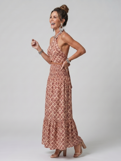 Amira | Vestido midi con escote cruzado y estampado geométrico