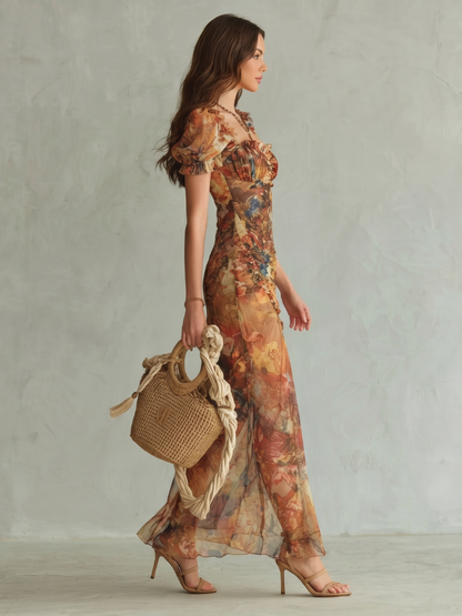Ciel | Vestido Midi Fruncido con Mangas Ruffle
