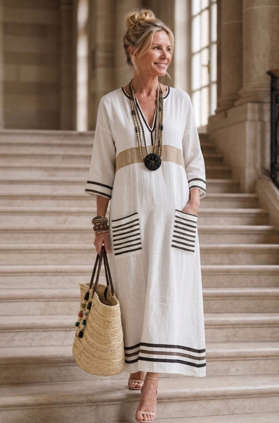 Noemi | Vestido Maxi con Escote en V y Manga Corta con Bolsillos