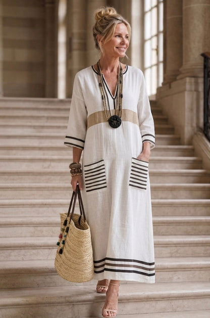 Noemi | Vestido Maxi con Escote en V y Manga Corta con Bolsillos