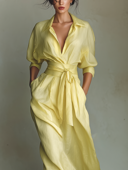 Vestido Camisa Maxi Mujer Amarillo Limón De Algodón Y Lino Con Cintura Para Atar & Mangas Tres Cuartos