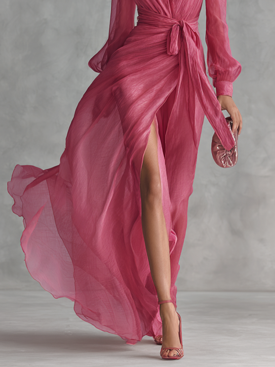 Ropa Larga Elegante Mujer en Chiffon Rosa Pálido con Perlas, Escote en V y Cintura Ajustada