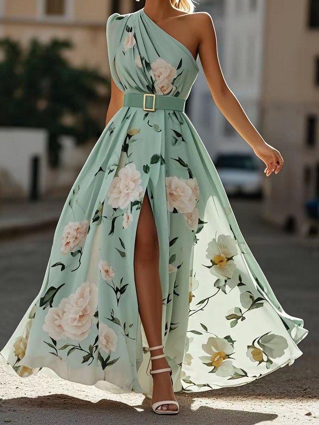 Julie | Vestido Maxi de Chiffon Floral Verde Claro de Tirantes