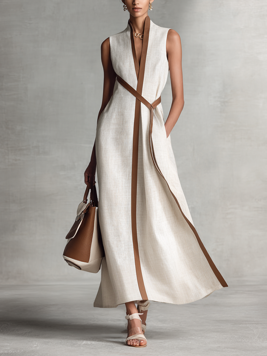 Vestido Maxi de Algodón y Lino Sin Mangas con Escote en V y Cintura para Atar para Mujeres