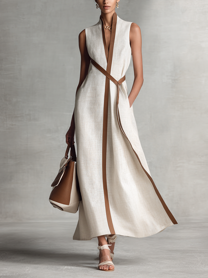 Vestido Maxi de Algodón y Lino Sin Mangas con Escote en V y Cintura para Atar para Mujeres