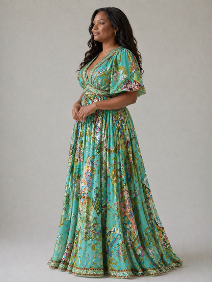 Stella & Grace™ | Vestido maxi ligero con mangas abullonadas y escote en V