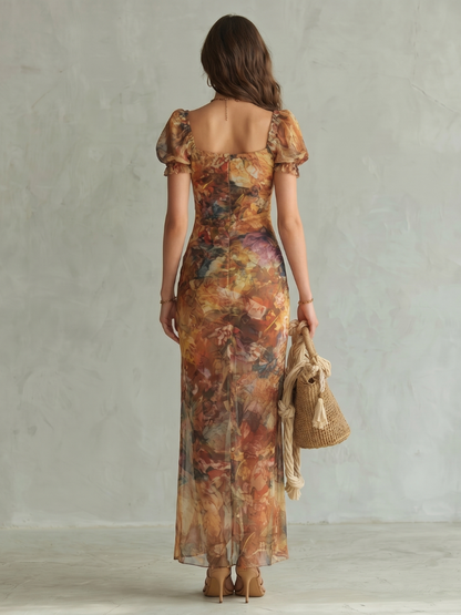 Ciel | Vestido Midi Fruncido con Mangas Ruffle