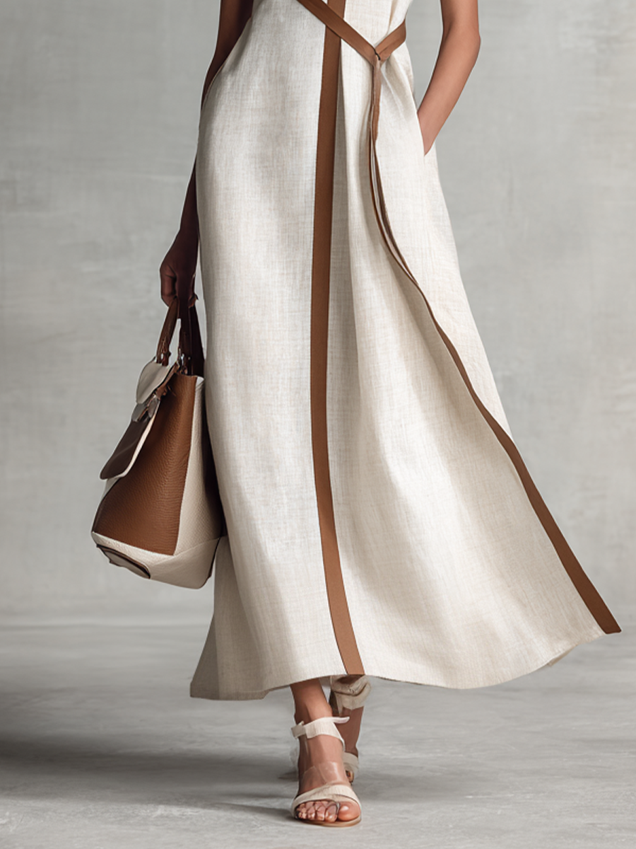Vestido Maxi de Algodón y Lino Sin Mangas con Escote en V y Cintura para Atar para Mujeres