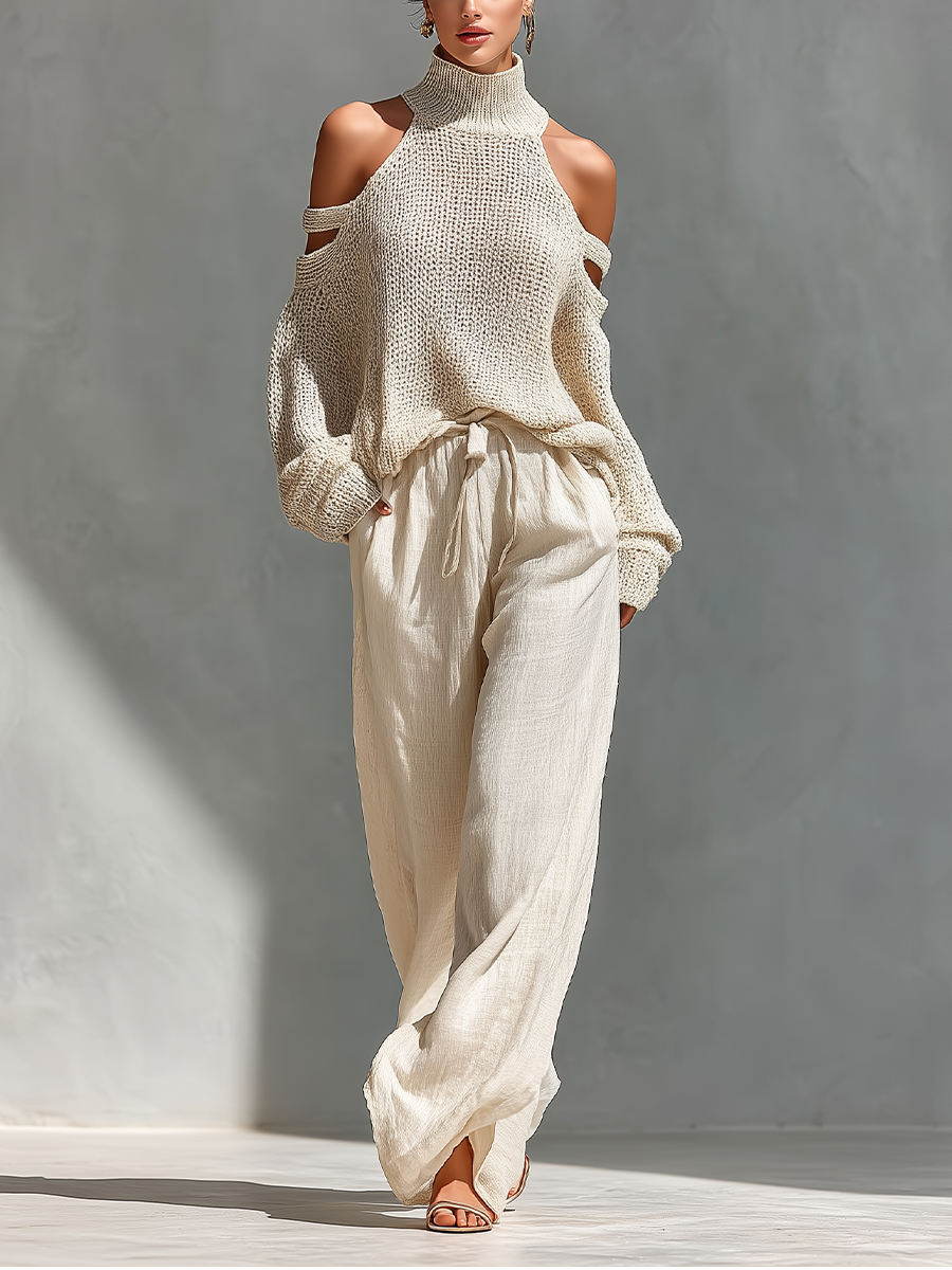 Conjunto Top de Cuello Alto con Hombros Descubiertos en Tejido Beige para Mujeres & Pantalones de Pierna Ancha