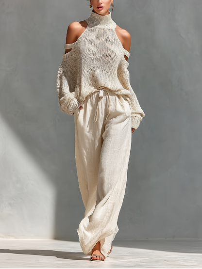 Conjunto Top de Cuello Alto con Hombros Descubiertos en Tejido Beige para Mujeres & Pantalones de Pierna Ancha