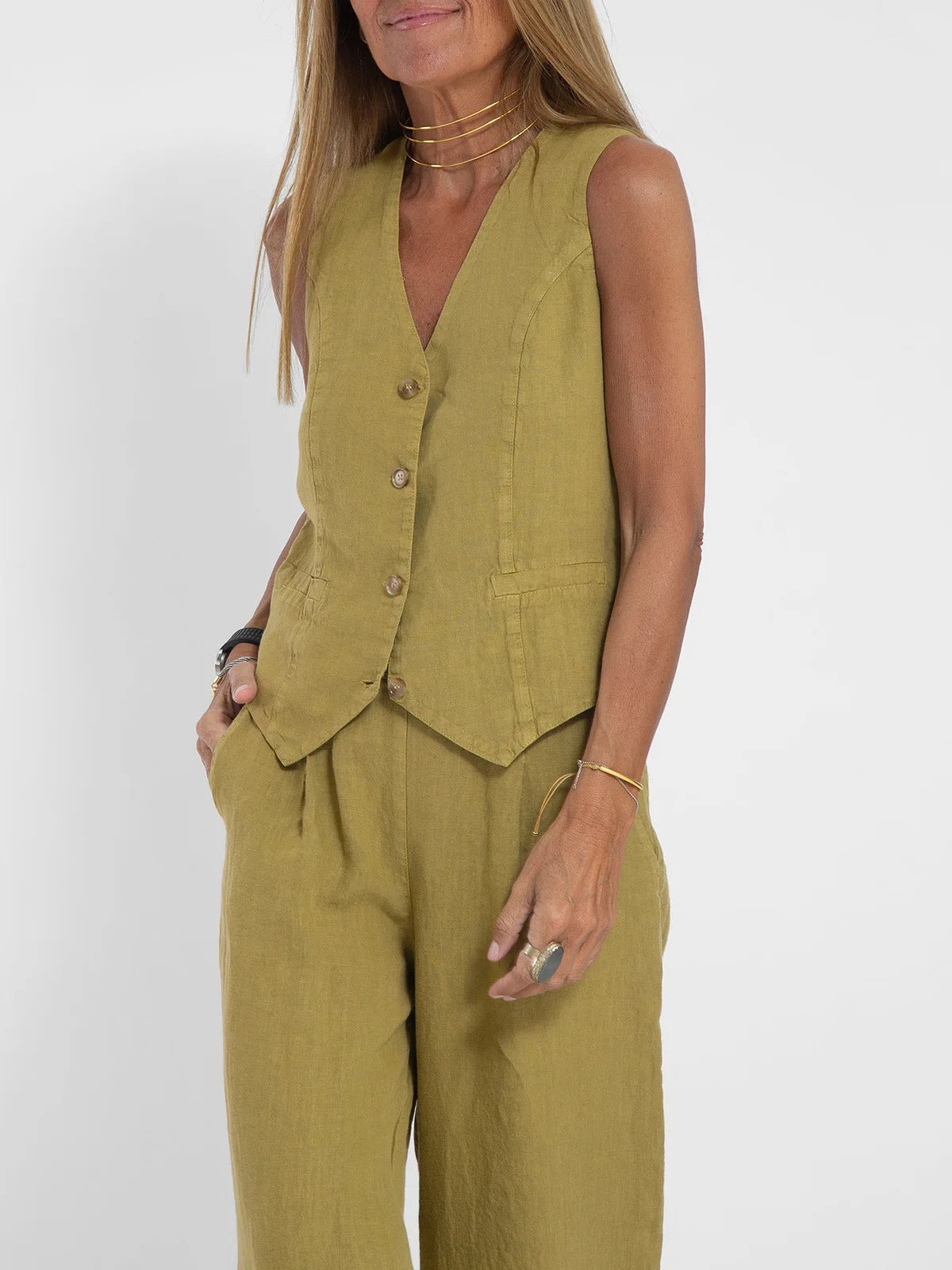 Conjunto de Chaleco a Medida y Pantalones de Pierna Ancha de Algodón