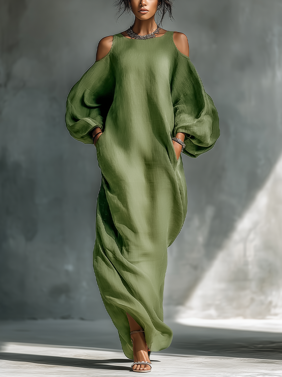 Vestido maxi mujer verde claro con hombros descubiertos, mangas abullonadas oversize y bolsillos laterales