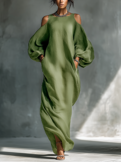 Vestido maxi mujer verde claro con hombros descubiertos, mangas abullonadas oversize y bolsillos laterales