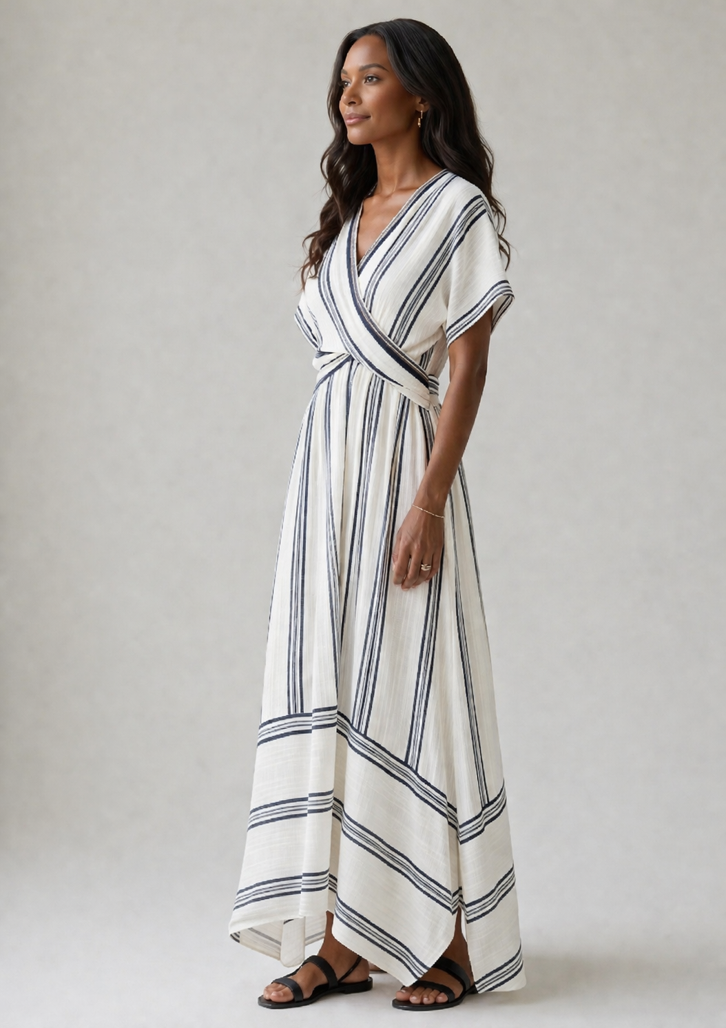 Thalassa | Vestido Midi de Manga Corta con Escote en V y Cintura Envolvente