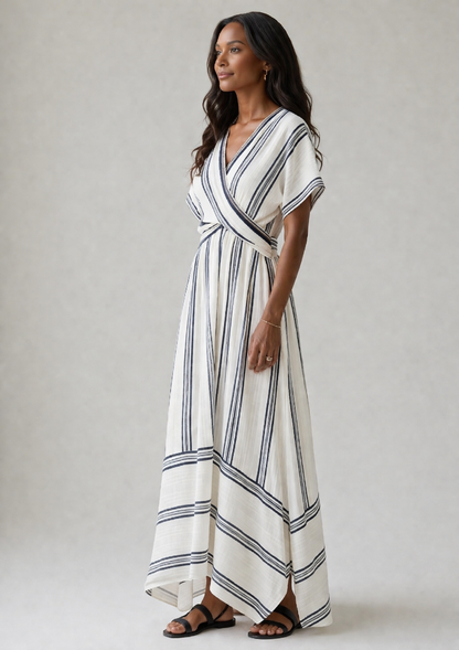 Thalassa | Vestido Midi de Manga Corta con Escote en V y Cintura Envolvente