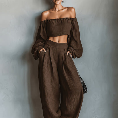 Tiana || Conjunto con escote off-shoulder y pantalón amplio