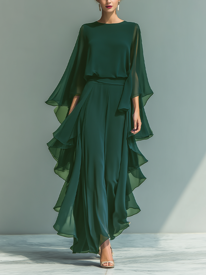 Conjunto Mujer Top Chiffon Azul Marino Con Mangas De Campana Y Pantalones Rectos Con Detalles Volantes