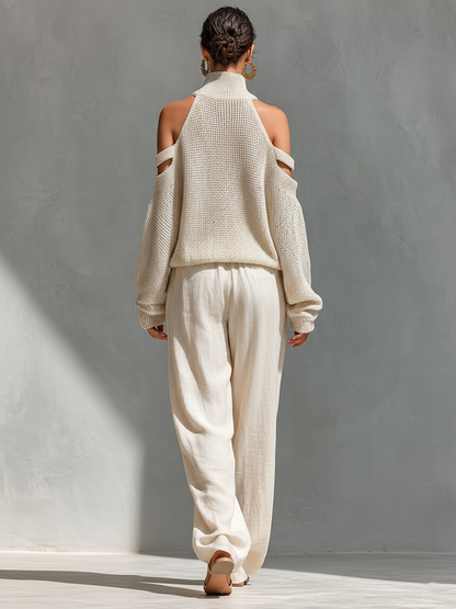 Conjunto Top de Cuello Alto con Hombros Descubiertos en Tejido Beige para Mujeres & Pantalones de Pierna Ancha