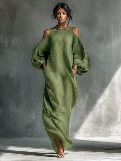 Vestido maxi mujer verde claro con hombros descubiertos, mangas abullonadas oversize y bolsillos laterales