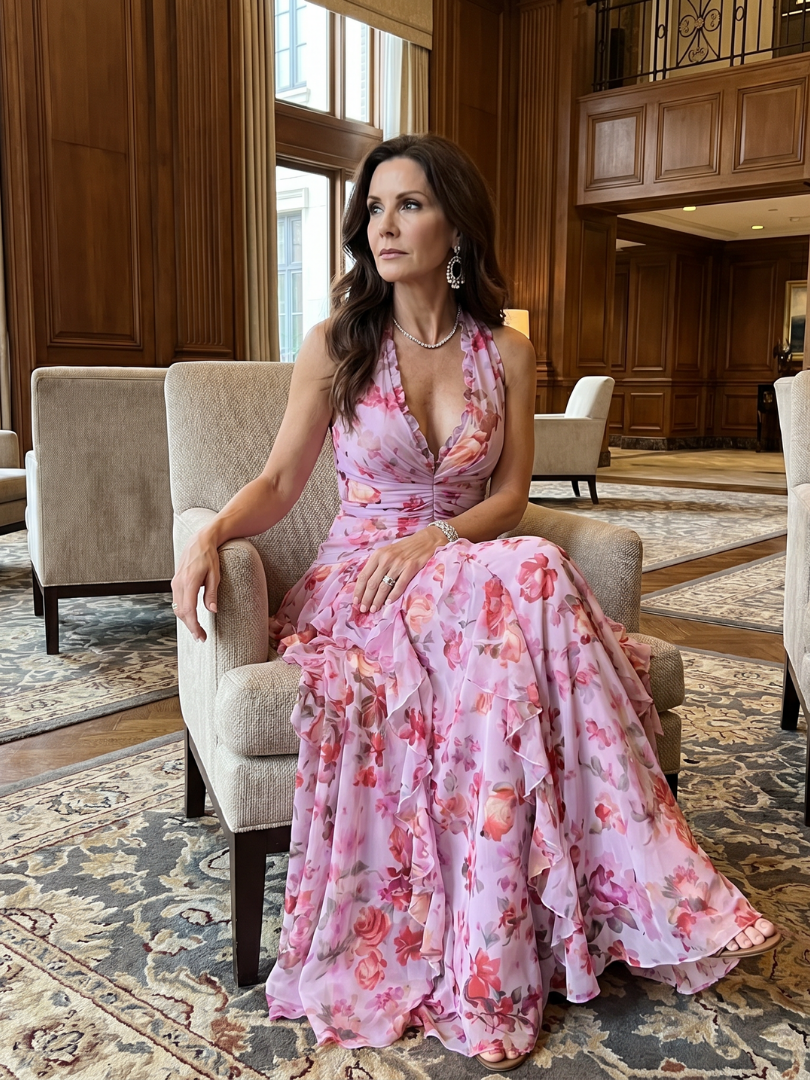 Nori | Vestido Maxi Floral con Cuerpo Arrugado y Escote Halter