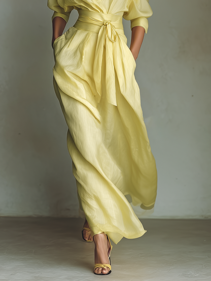 Vestido Camisa Maxi Mujer Amarillo Limón De Algodón Y Lino Con Cintura Para Atar & Mangas Tres Cuartos