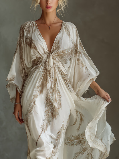Vestido Maxi en Chiffon Marfil y Taupe con Mangas Dolman y Frontal Trenzado con Estampado de Hoja de Palma