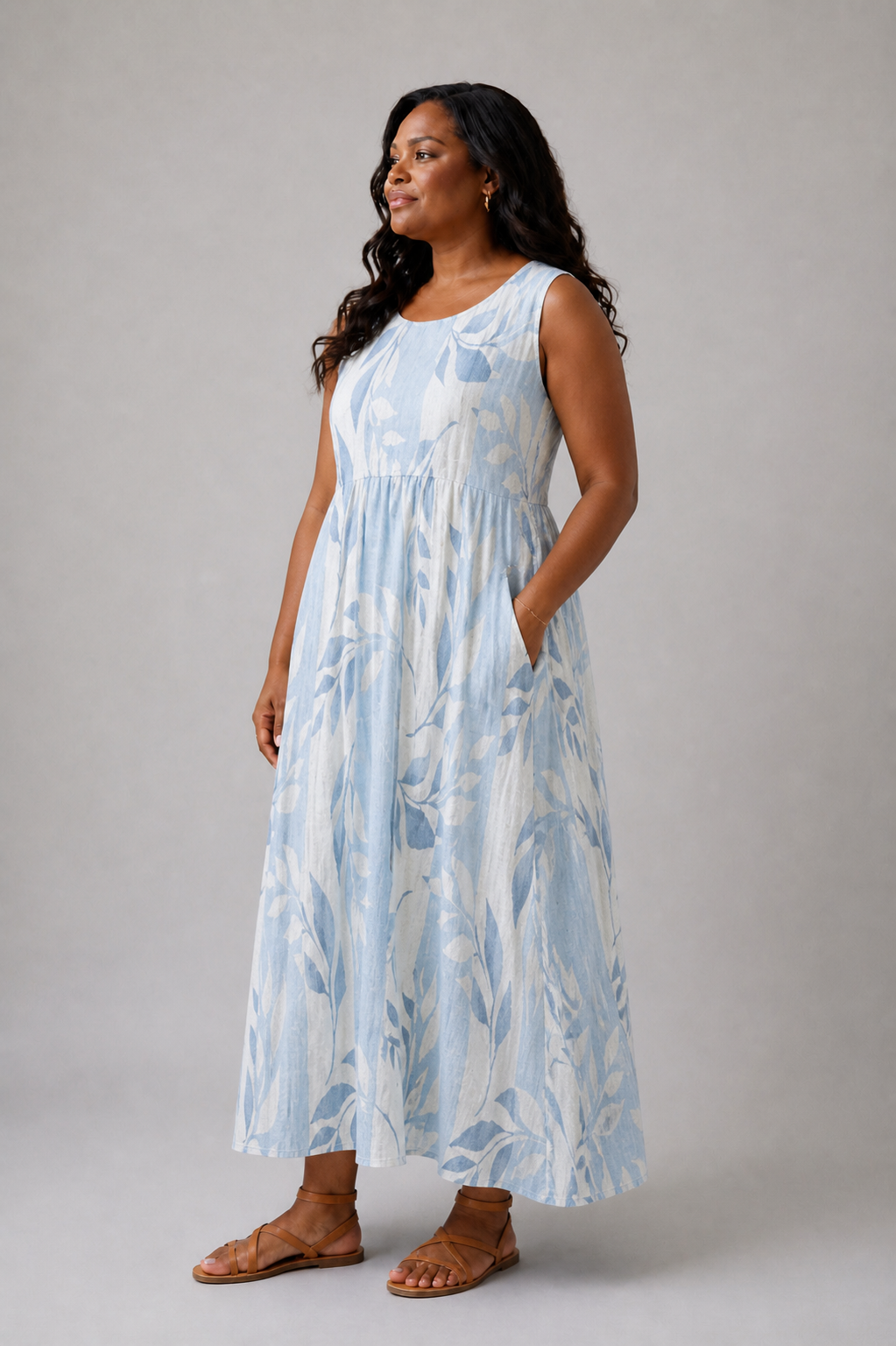 Solene | Vestido Midi Sin Mangas con Patrón de Hojas Azules