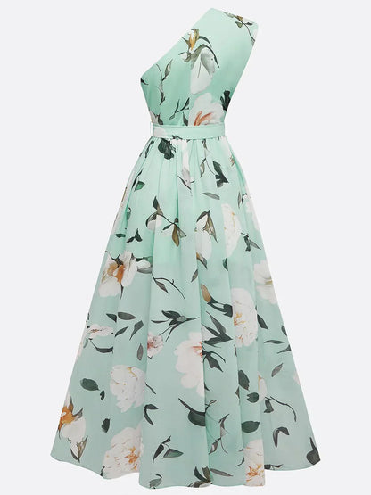 Julie | Vestido Maxi de Chiffon Floral Verde Claro de Tirantes