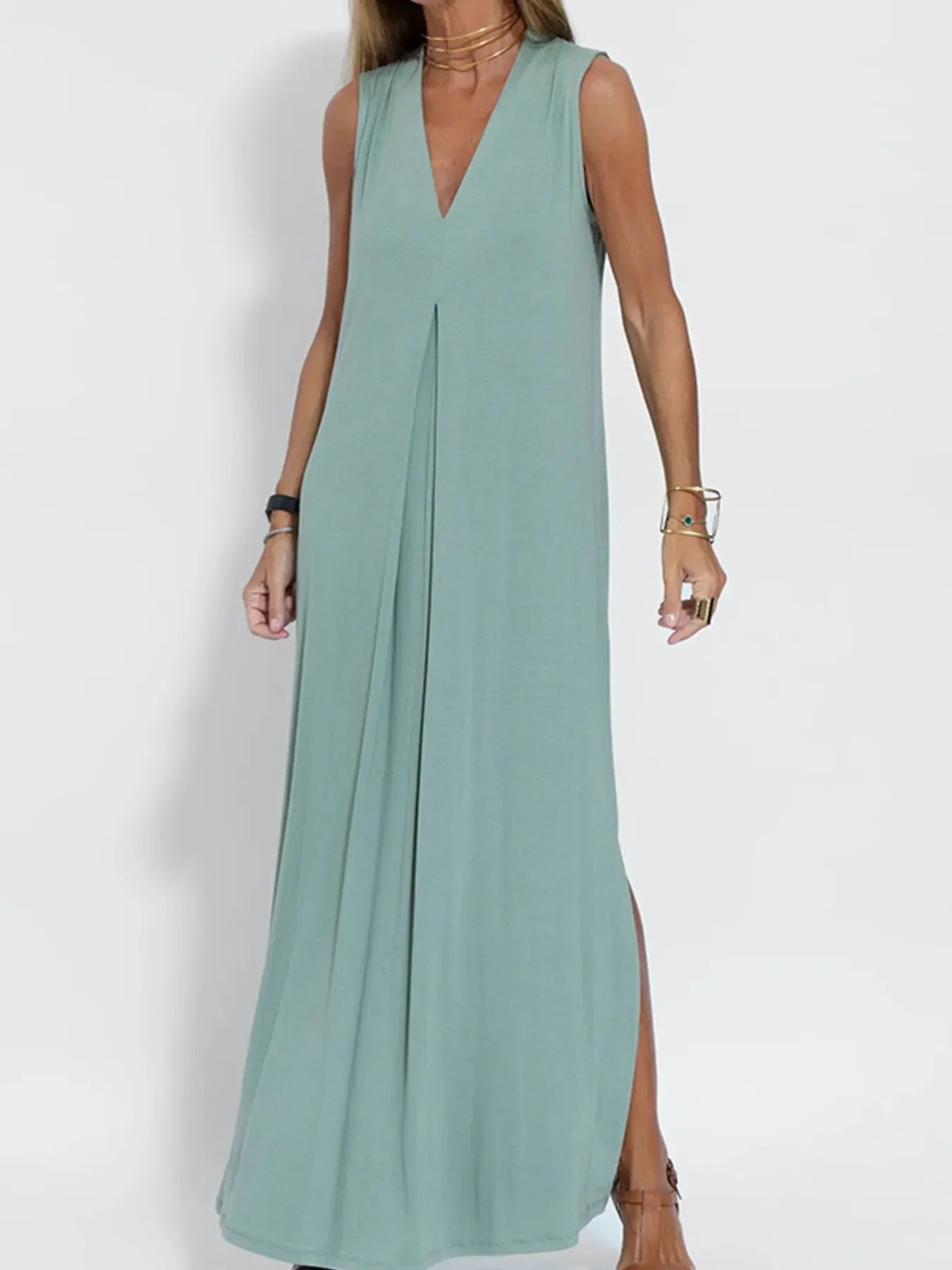 Vestido Maxi Sin Mangas de Talla Completa con Escote en V y Abertura Talla Grande
