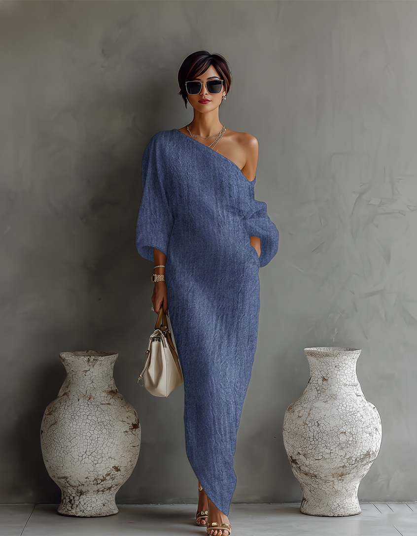 Vestido Fluido Elegante en Blanco Marfil con Hombros Descubiertos