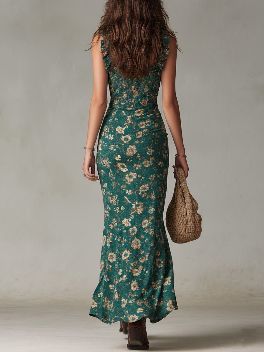 Zara - Vestido maxi boho retro con mangas fruncidas y abertura alta