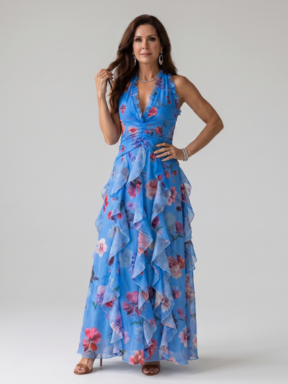 Nori | Vestido Maxi Floral con Cuerpo Arrugado y Escote Halter