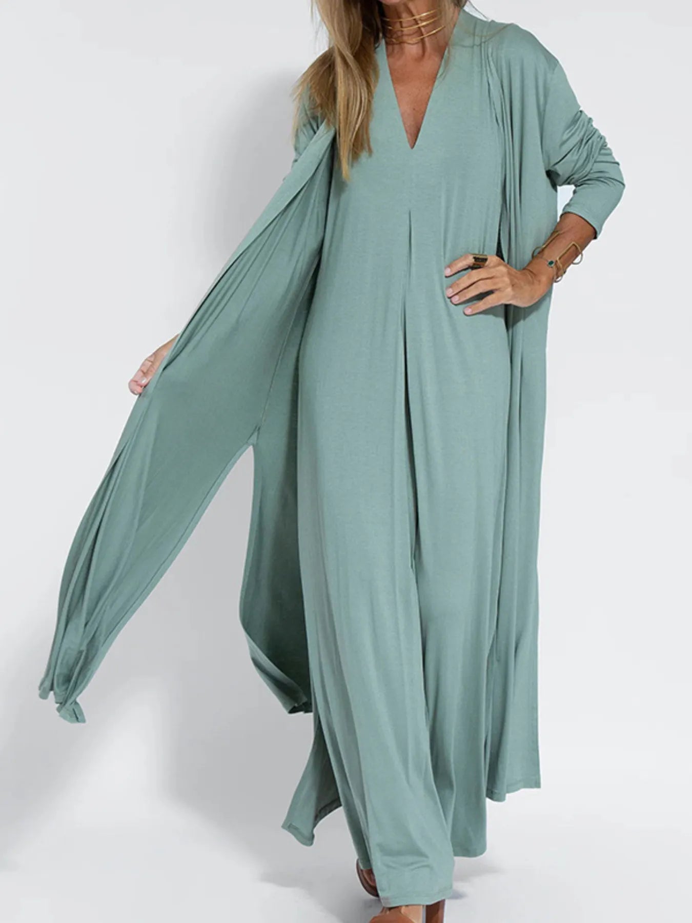 Vestido Maxi Sin Mangas de Talla Completa con Escote en V y Abertura Talla Grande