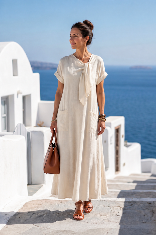 Elowyn | Vestido Maxi de Cuello Redondo y Manga Corta con Bolsillos