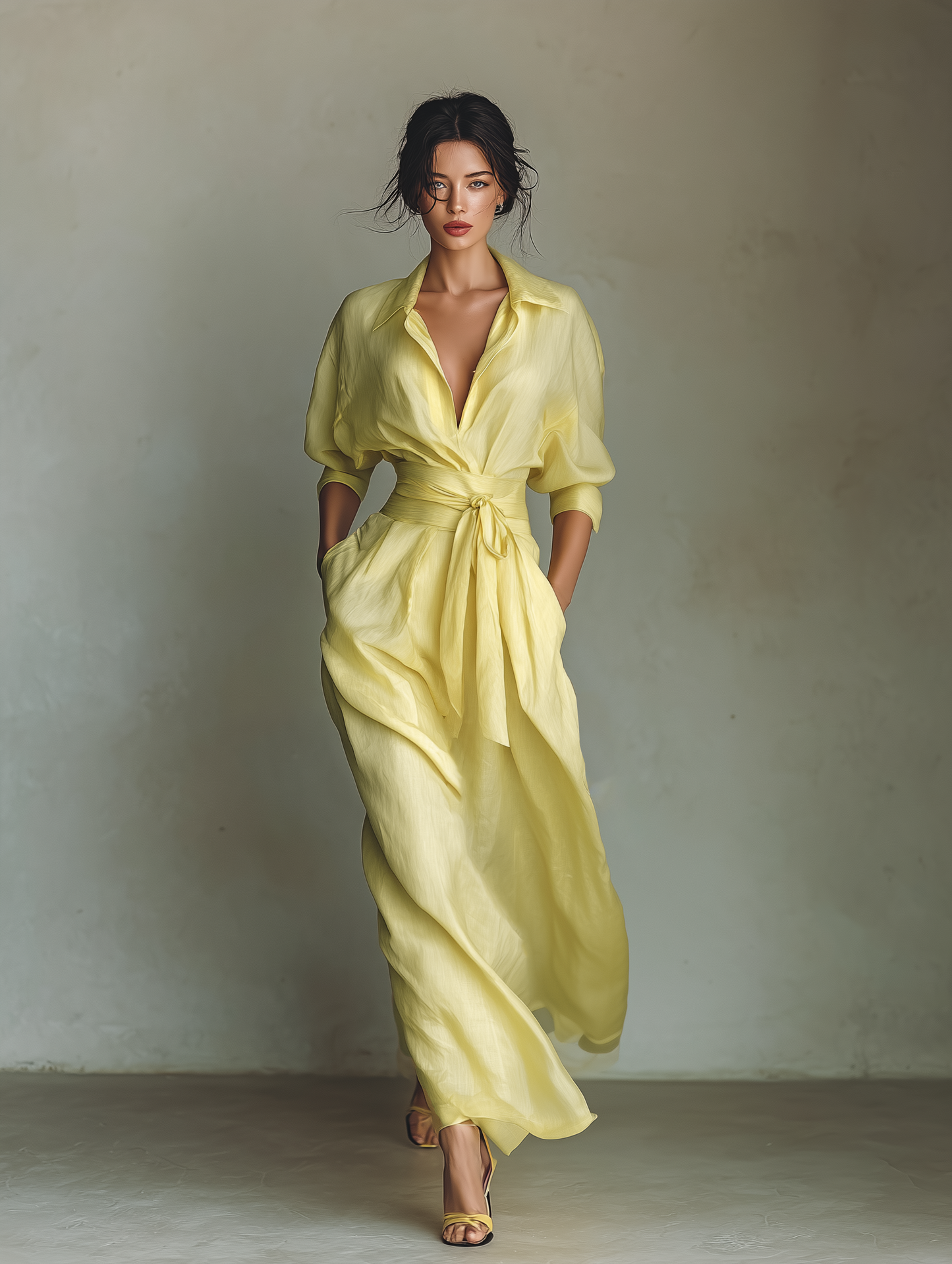 Vestido Camisa Maxi Mujer Amarillo Limón De Algodón Y Lino Con Cintura Para Atar & Mangas Tres Cuartos