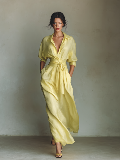 Vestido Camisa Maxi Mujer Amarillo Limón De Algodón Y Lino Con Cintura Para Atar & Mangas Tres Cuartos