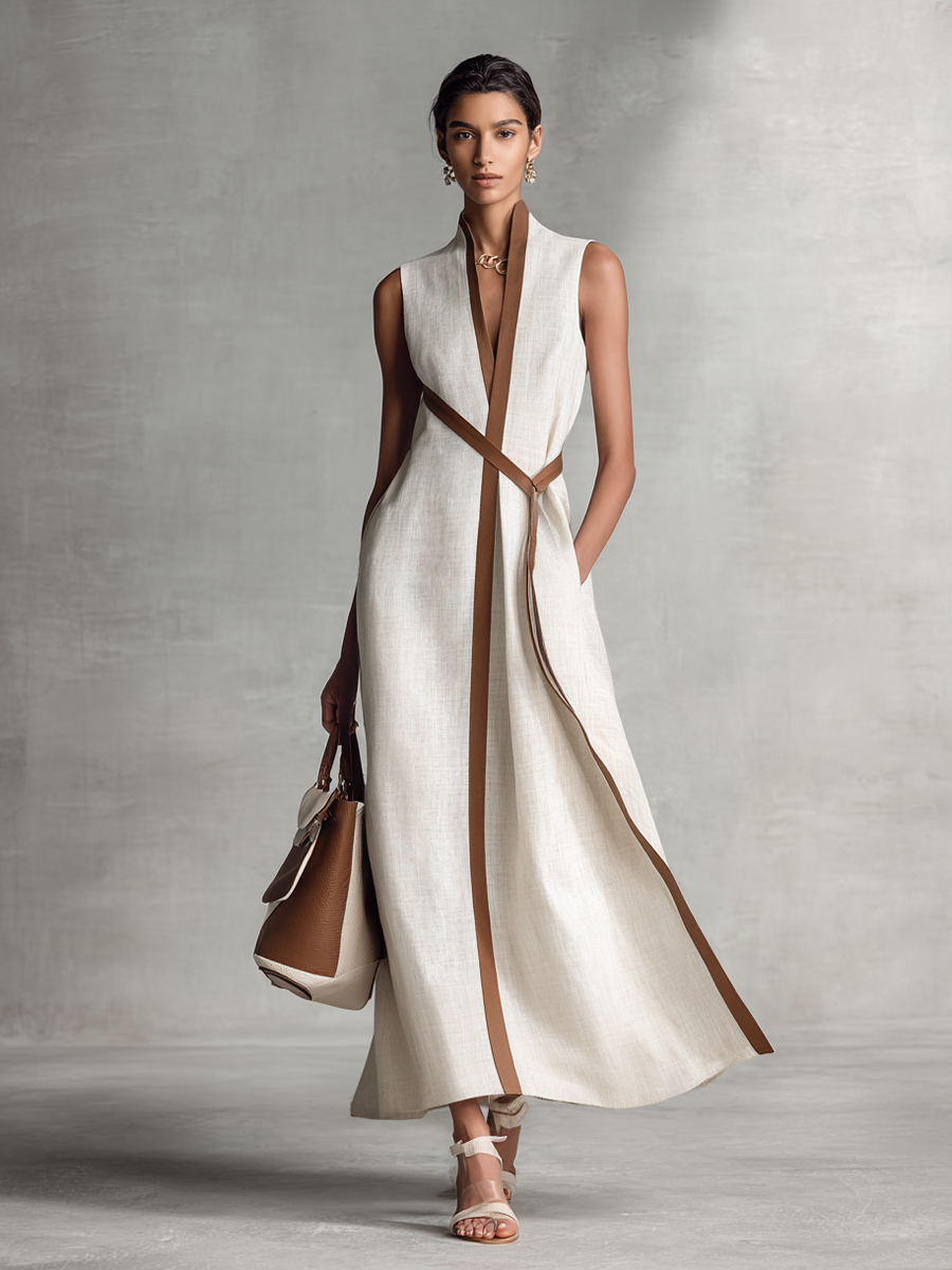 Vestido Maxi de Algodón y Lino Sin Mangas con Escote en V y Cintura para Atar para Mujeres