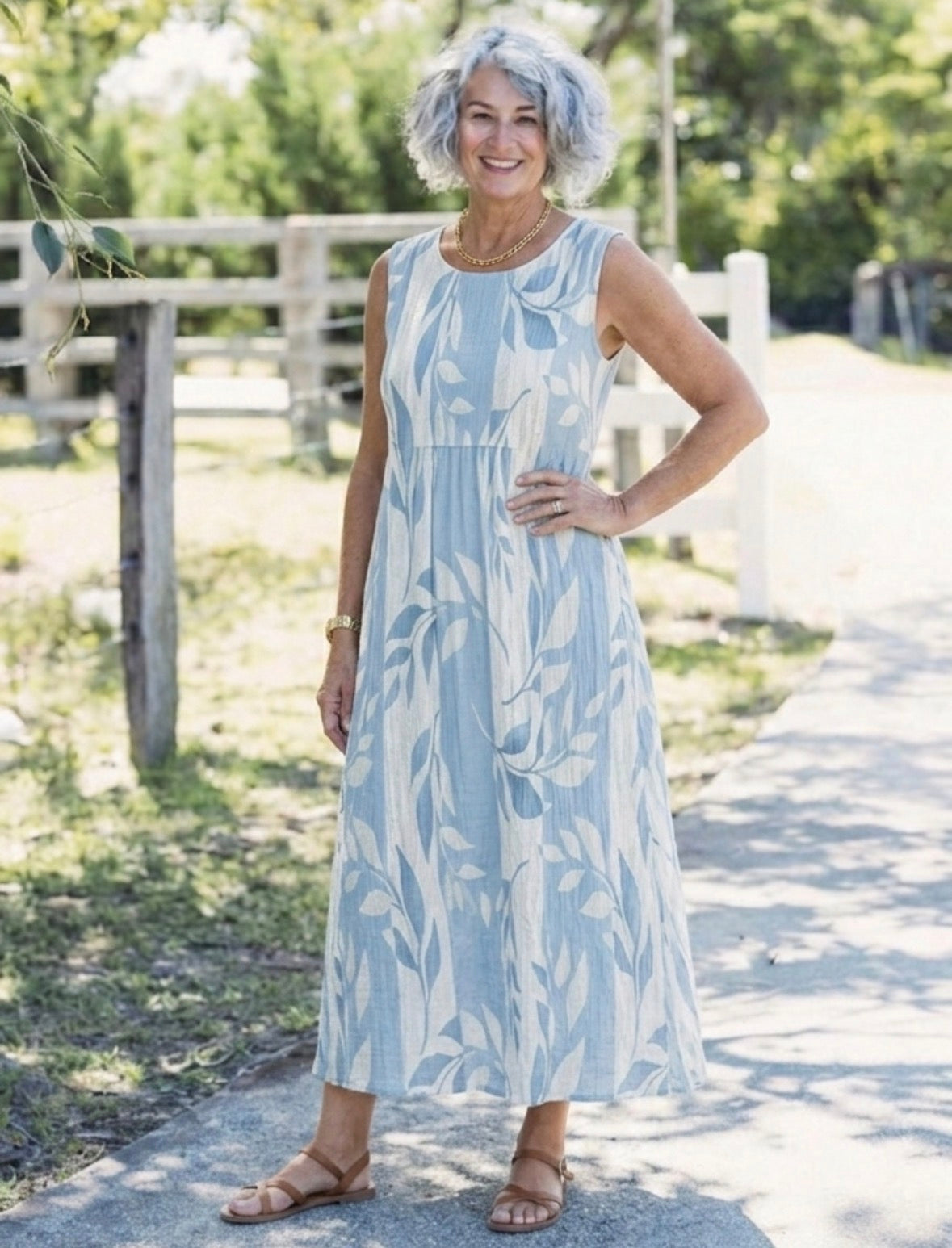 Solene | Vestido Midi Sin Mangas con Patrón de Hojas Azules