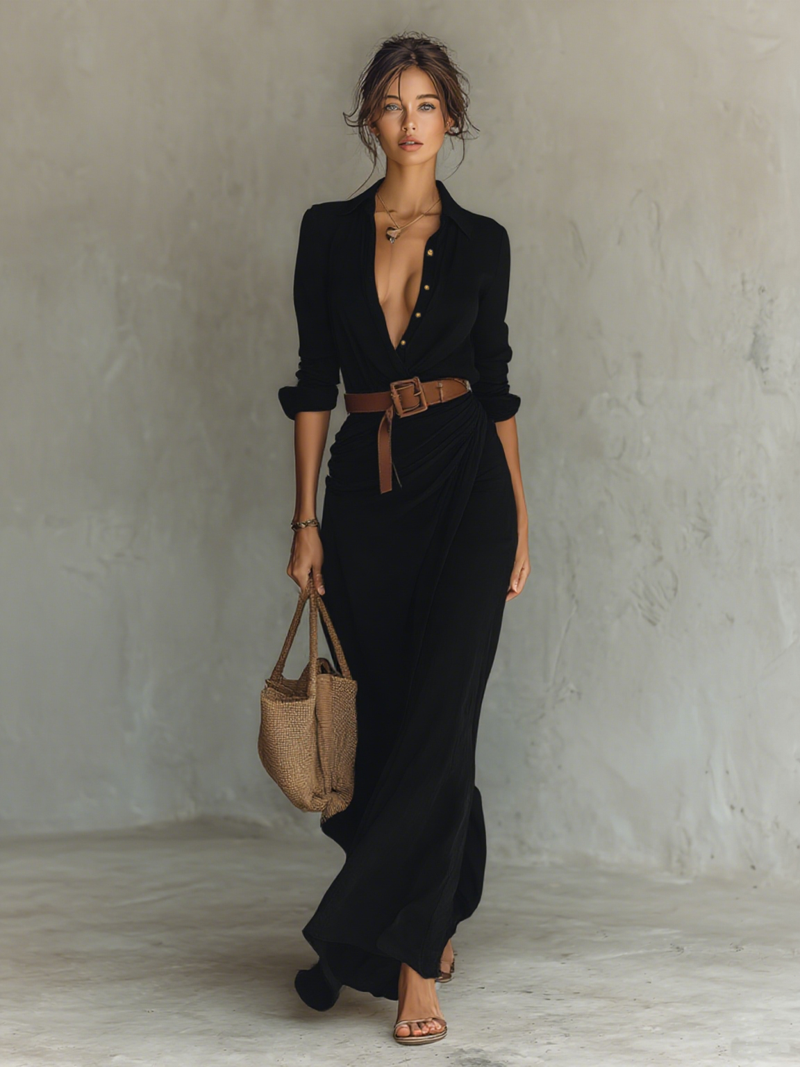 Vestido Maxi Largo con Cuello Notch y Mangas Largas para Mujeres