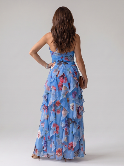 Nori | Vestido Maxi Floral con Cuerpo Arrugado y Escote Halter