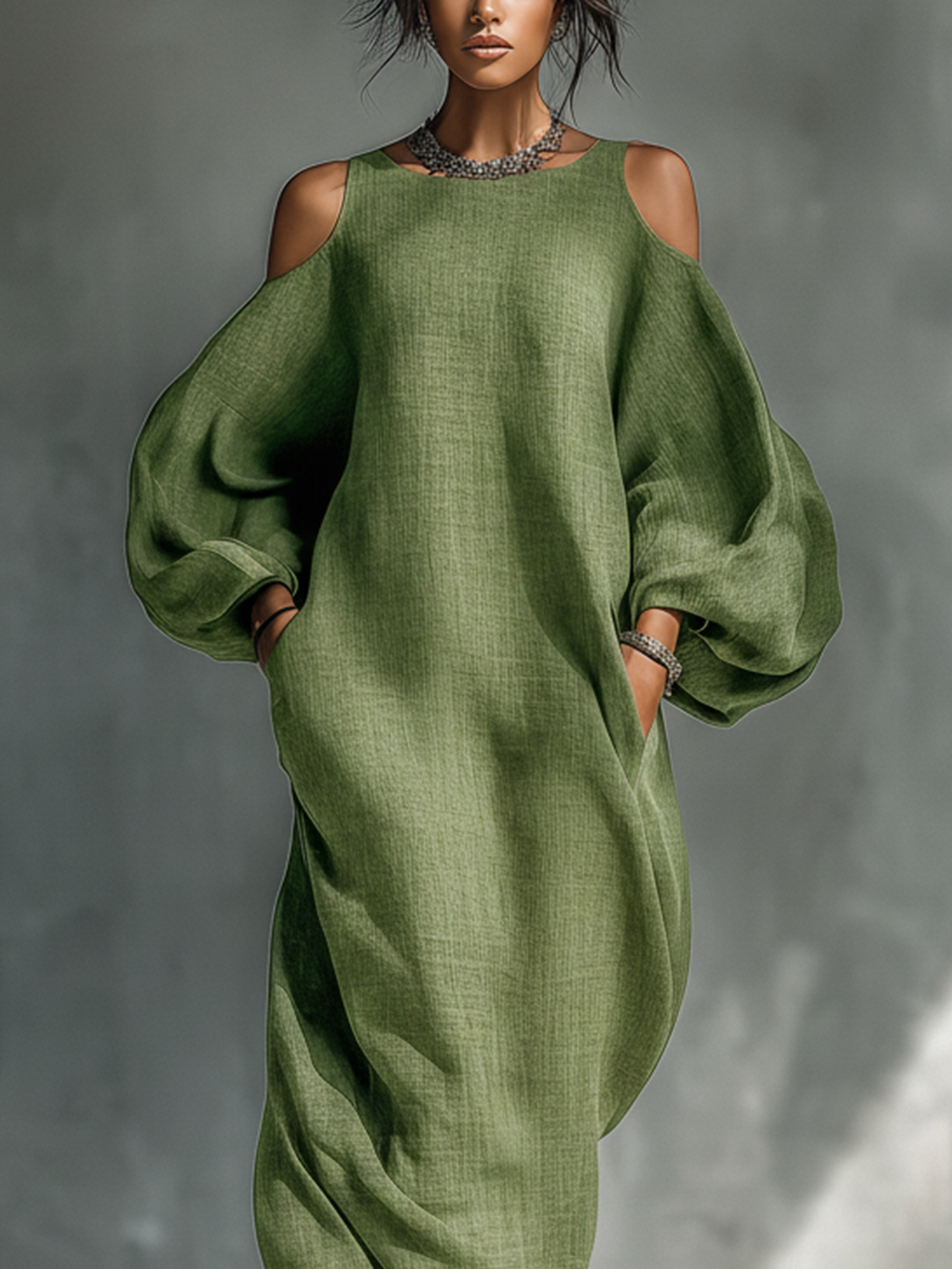 Vestido maxi mujer verde claro con hombros descubiertos, mangas abullonadas oversize y bolsillos laterales