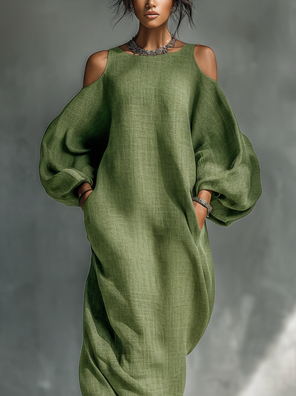 Vestido maxi mujer verde claro con hombros descubiertos, mangas abullonadas oversize y bolsillos laterales