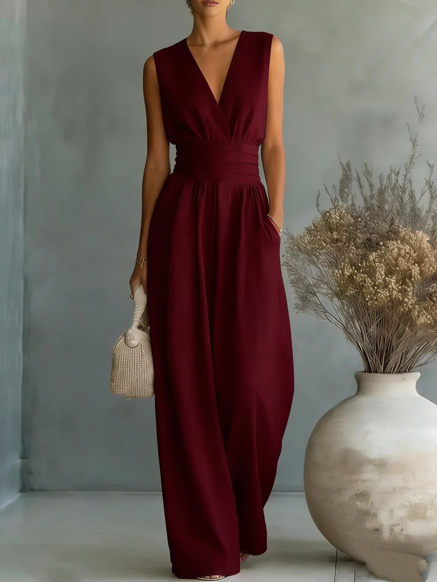 Combinación elegante, escote en V, cintura alta y corte amplio