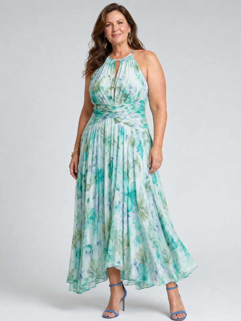 Portia | Vestido Midi con Escote Halter con Pliegues y Motivo Floral Suave