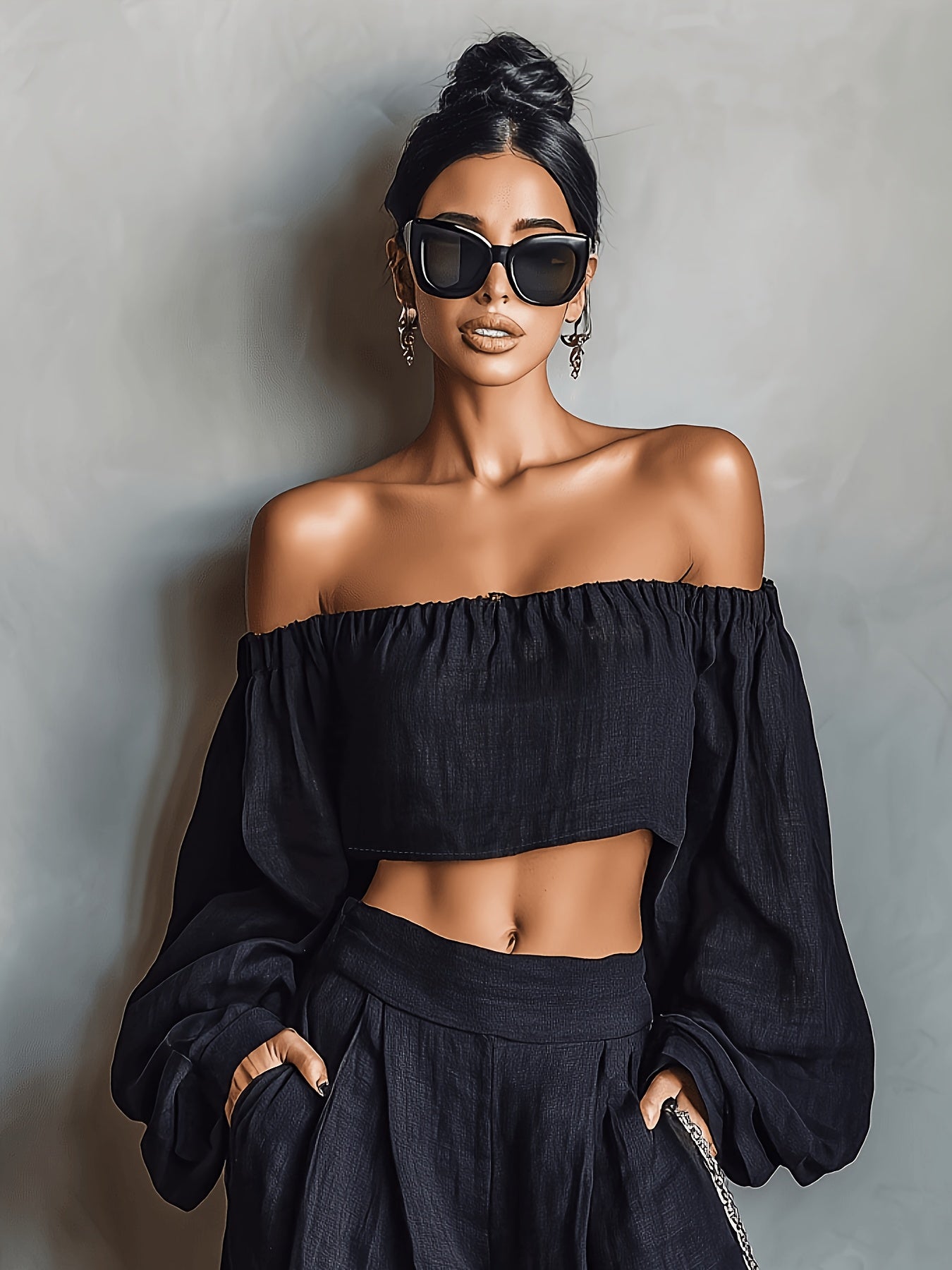 Tiana || Conjunto con escote off-shoulder y pantalón amplio