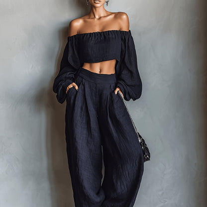 Tiana || Conjunto con escote off-shoulder y pantalón amplio